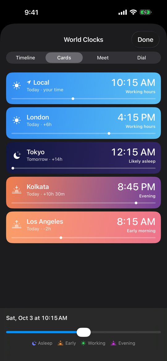 World Clocks cards in dark mode