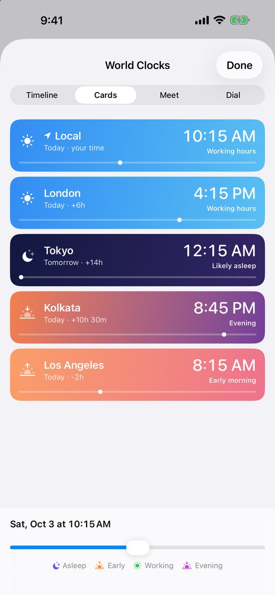 World Clocks cards colored by time of day