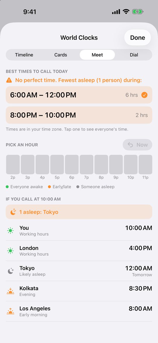 Meet view showing the best times to call across time zones